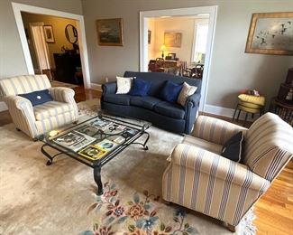 Living Room Sofa 2 Club Chairs Chinese Rug Wrought Iron Glass Top Coffee Table  