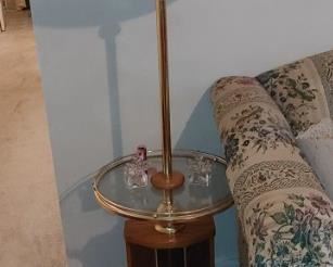 Mid Century Don Ward Etched Amber Glass Panel Wood & Brass floor Lamps Vintage 70's 