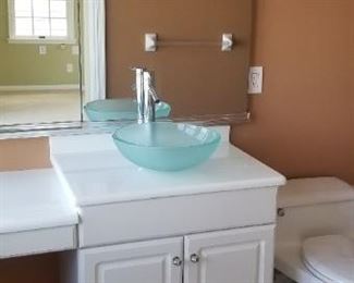 Beautiful bath vanity with vessel sink; vanity lights