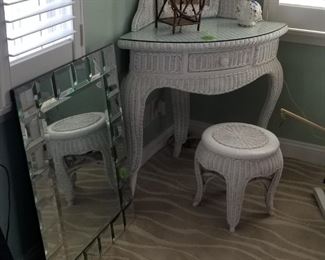 Wicker corner vanity & stool