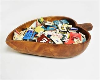 Hand Carved Wooden Leaf Bowl with Vintage Matches