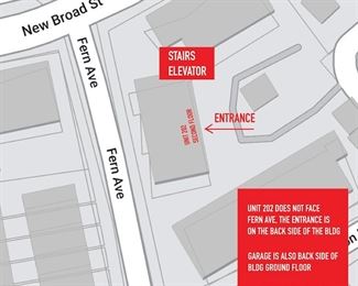 Join us in Baldwin Park on the corner of New Broad St and Fern Ave. There is plenty of street parking available on New Broad, Fern and all side streets. UNIT 202 is located on the second floor, but do not fret, this is an elevator building. Follow the yellow signs and use the map provided to find your way to the stairs and elevator. The garage is detached and located on the ground floor. The entrances to both are located on the back side of the building and not visible from Fern Ave. Again, let the map provided be your guide!
