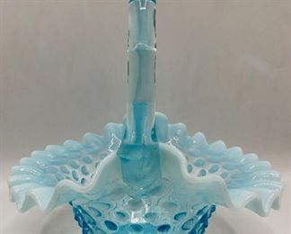 Vintage Fenton Blue Opalescent Hobnail Glass Basket With Bamboo Handle
Lot #: 30