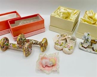 2 Vintage Cloisonne Baby Rattles, Porcelain Booties, Rocking Horse & More, Some New In Box
Lot #: 85