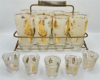 Set 13 Vintage Libbey 1960s Gold Leaves Pattern Frosted Glasses & Shot Glasses With Caddy
Lot #: 7