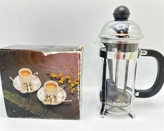 2 New In Box Silver Plate Demitasse Cups With Saucers & Bon Jour French Coffee Press
Lot #: 116