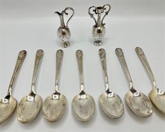 2 Small Silver Plate Vases & 7 Silver Plate Presidential Spoons
Lot #: 64