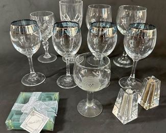 9 Wine Glasses, Oleg Cassini Salt & Pepper Shakers & 4 New LOVE Glass Coasters
Lot #: 104
