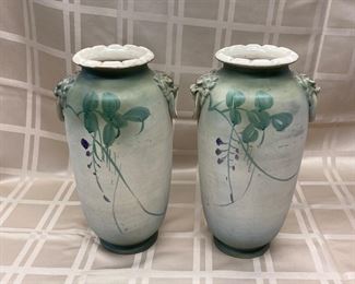 LOT 003- Pair of decorative Asian style Nippon Matte Finish Vases With circa 1920 Komainu / Shishi / Foo Dog Handles 12in tall $125