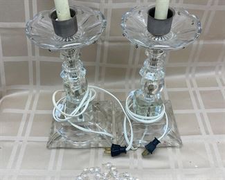 LOT 010- Pair of glass lamps with prisms 16in tall. Missing a few prisms. $45