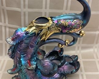LOT 012- Resin peacock with glitter 15in tall. $25