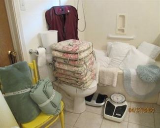 Chair cushions, pillows, scale, foot massager.