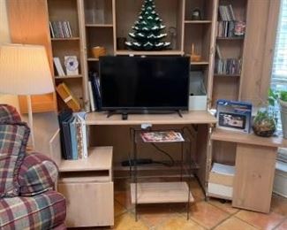 Amazing Computer Desk.  It folds up nicely and hides all those 'busy' work items.    Ceramic Christmas tree has base w/ light.  