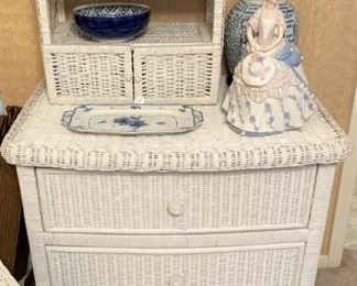 White wicker 3-drawer chest and wall shelf