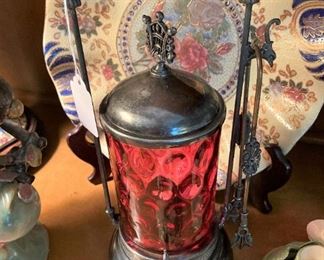 Victorian antique cranberry glass silverplate castor