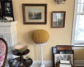 Wallace Nutting tinted photographs. Arts, and crafts clock. Pedestal with yellow knitted pouf.