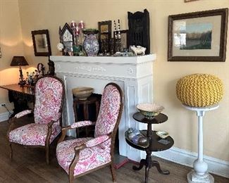 Louis 15th chairs pedestal small vintage home decor items on top of fireplace mantle.