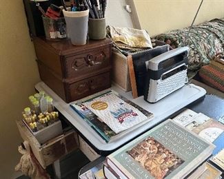 Victorian 2 drawer box. Vintage radio vintage books. Crafting supplies. Pens ink. Textiles.