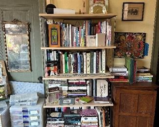 Antique mirror, BOOKS, craft supplies, art, shelving, textiles.