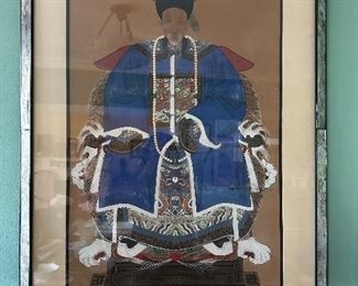 A large Chinese ancestral portrait watercolor on paper. China, Mid-19th century. Beautifully placed in a custom mirrored frame. Measures: 54 inches tall, 34 inches wide.