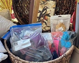 Bags and baskets of yarn.