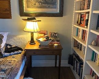 Weller lamp, English side table, books.