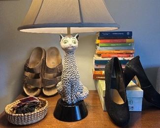Italian cat lamp. Birkenstocks. Jewelry.