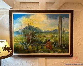 Large Original Oil on Canvas Southwestern Native American Scene Signed MOR J