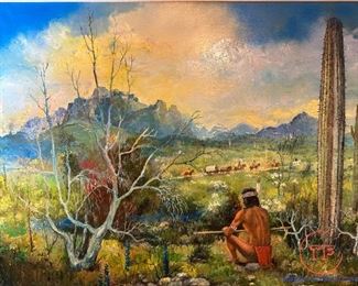 Large Original Oil on Canvas Southwestern Native American Scene Signed MOR J