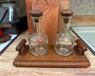 Vintage Teak and Glass Oil and Vinegar Set