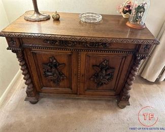 Antique Hand Carved Hunters Sideboard with Barley Twist Sides