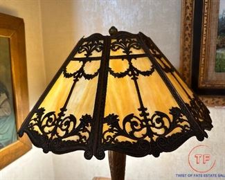 Antique BRADLEY & HUBBARD 6 Panel Caramel Slag Glass Lamp