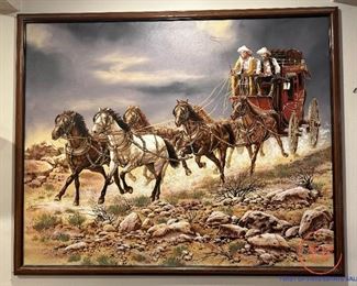 Large Enhanced Lithograph on Canvas Stagecoach Scene Signed DAKOTA
