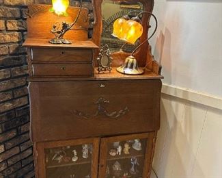 Antique Carved Drop-Front Secretary Desk / Display Cabinet