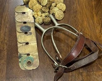 WWI Spurs (A.B. August BUERMANN), WWI Military Coat Buttons (Waterbury Button Co.), and WWI Brass Button Polisher (N.S. Meyer Inc.)