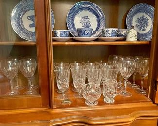 12 Waterford wine glasses, 12 Waterford iced beverages, Spode "Blue Room Collection" plates and cup and saucers.