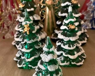 Fenton Art Glass Green Flocked Trees w gold animals