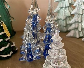 Fenton Art Glass Blue Tree, Fenton Iridescent White Art Glass Tree