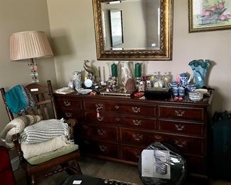 Aston Court by Henredon dresser, gold framed mirror, cherry rocker