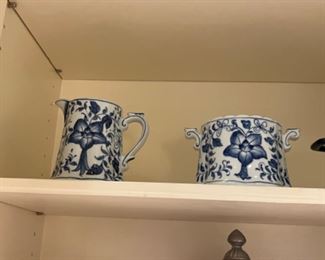 Andrea by Sadek Blue White Floral Porcelain Sugar Bowl and Creamer