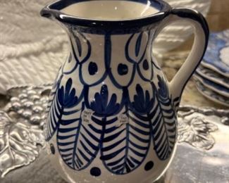 Hnos Pedraza Hand Painted Ceramic Pitcher Blue and White