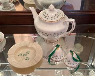 Vintage Irish Belleek Ashtray ,Royal Tara Shamrock Vine Teapot and Bells
