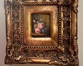 Mini Floral Oil Painting in Gold Ornate Frame