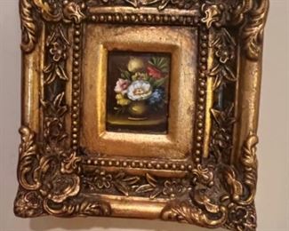 Mini Floral Oil Painting in Ornate Gold Frame 