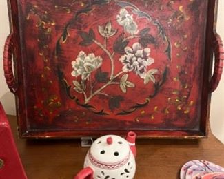 Large Wood Serving Tray with Handles and Painted Flowers