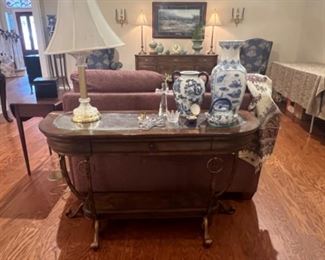 Sofa table with lower shelf, glass top over wood