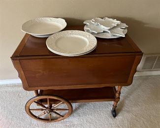 Maple Tea Cart. White serving dishes/trays