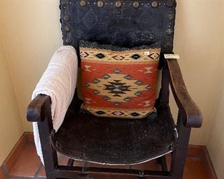 Antique Rustic wood side chair leather seat 