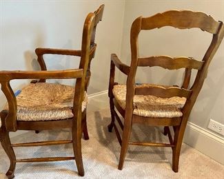 2 Rush Seat Solid Walnut French Country French Rush Seat Dining Arm Chairs 22s x 16.5d x 38h (17” floor to seat)   These 2 (out of 4) in excellent condition $115ea; all 4 for $300
