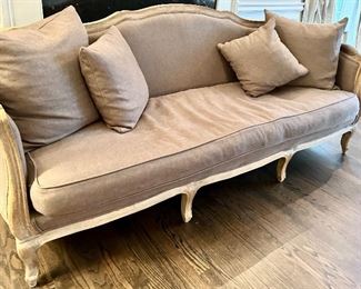 Mocha Grey French Provincial Sofa with Wood Trim & Legs
84”w x 24”d x 36h (18” floor to seat)
$650